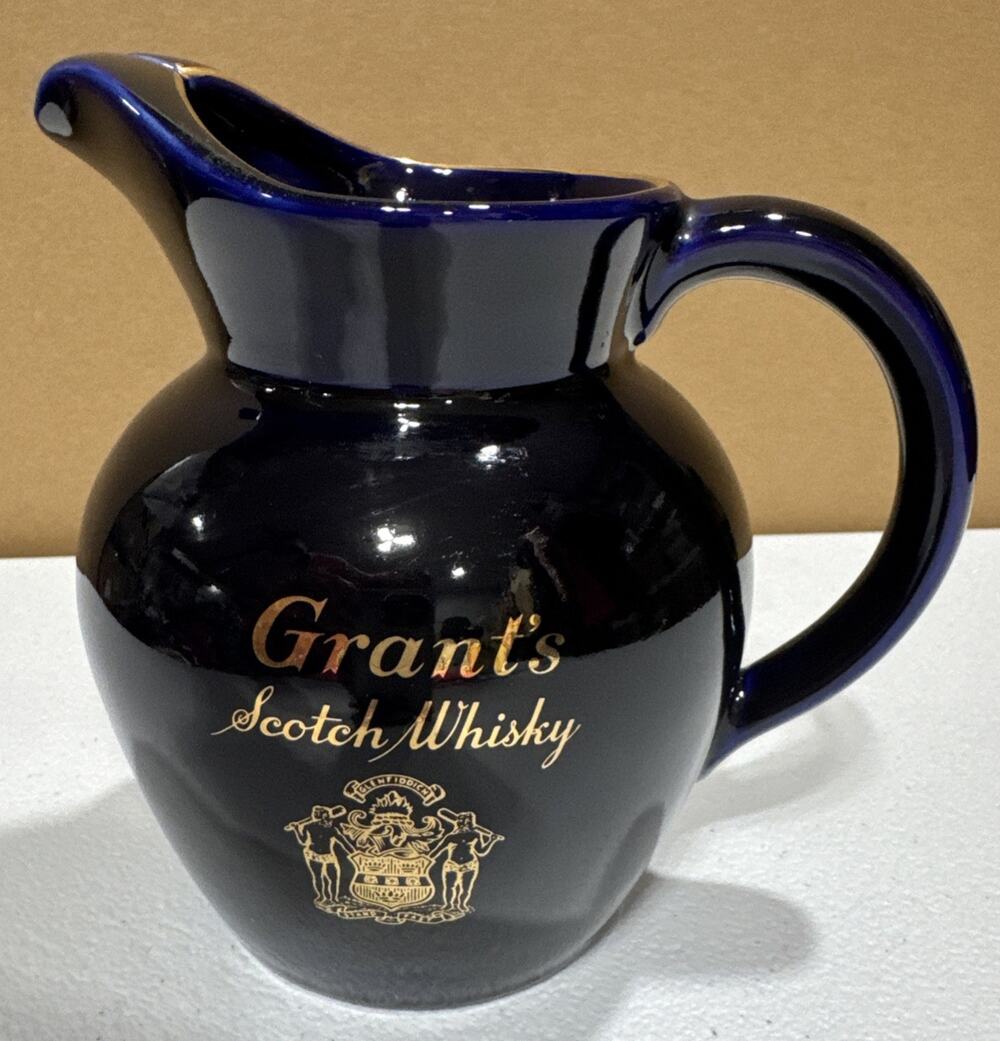 Vtg Grant's Scotch Whisky Water Juice Blue Pitcher Gold Accents Wade Regicor